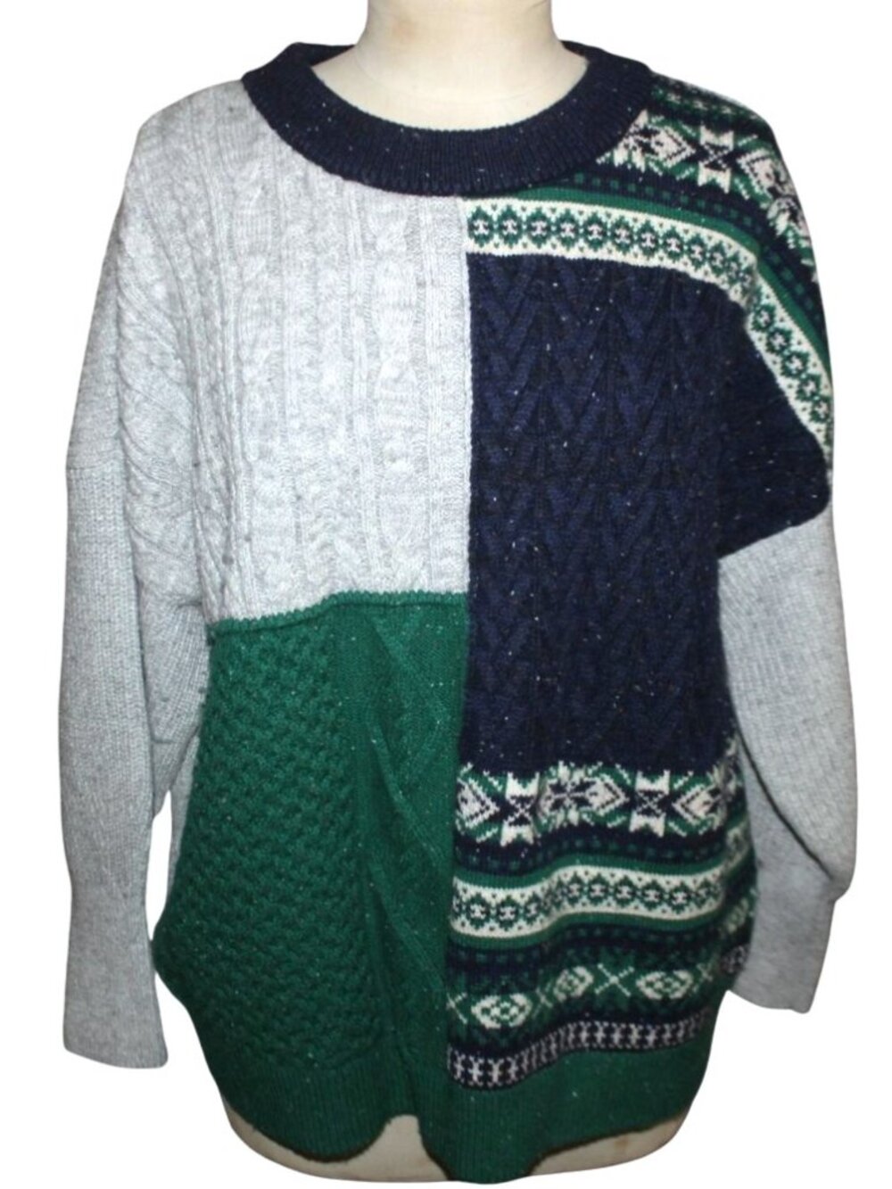 Lands' End Women's Patchwork Fair Isle Cable Knit Sweater Sz Large 14-16